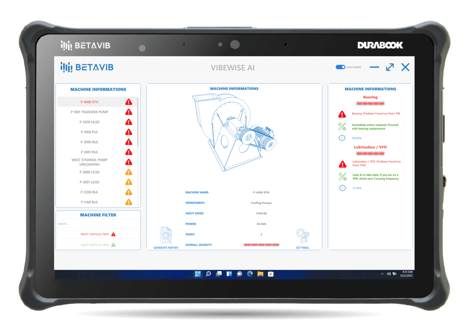 Panel de VibWise corriendo sobre el colector VibWorks